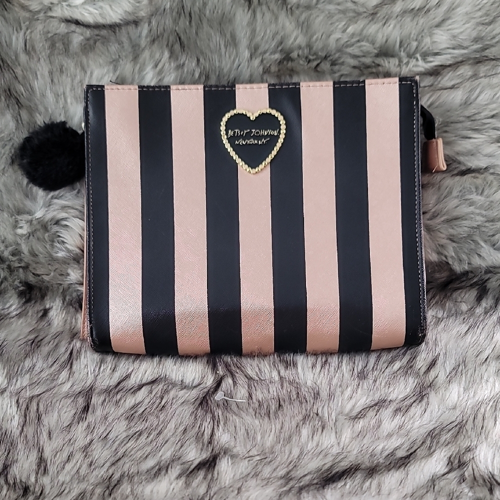 Betsey Johnson Black and Gold Striped Clutch with Heart Accent